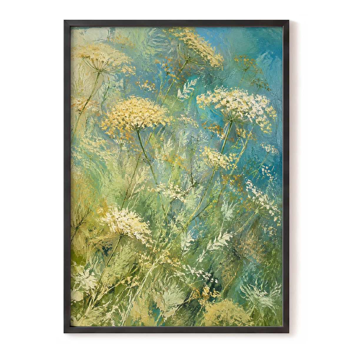 Meadow in Blue, blue, green, beige floral wall art, front artwork view