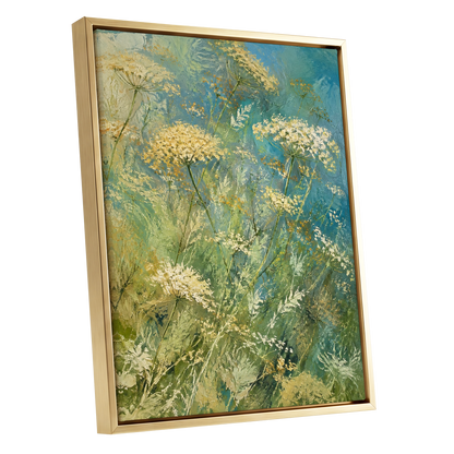 Meadow in Blue, blue, green, beige floral wall art shown as a gold framed canvas wall art