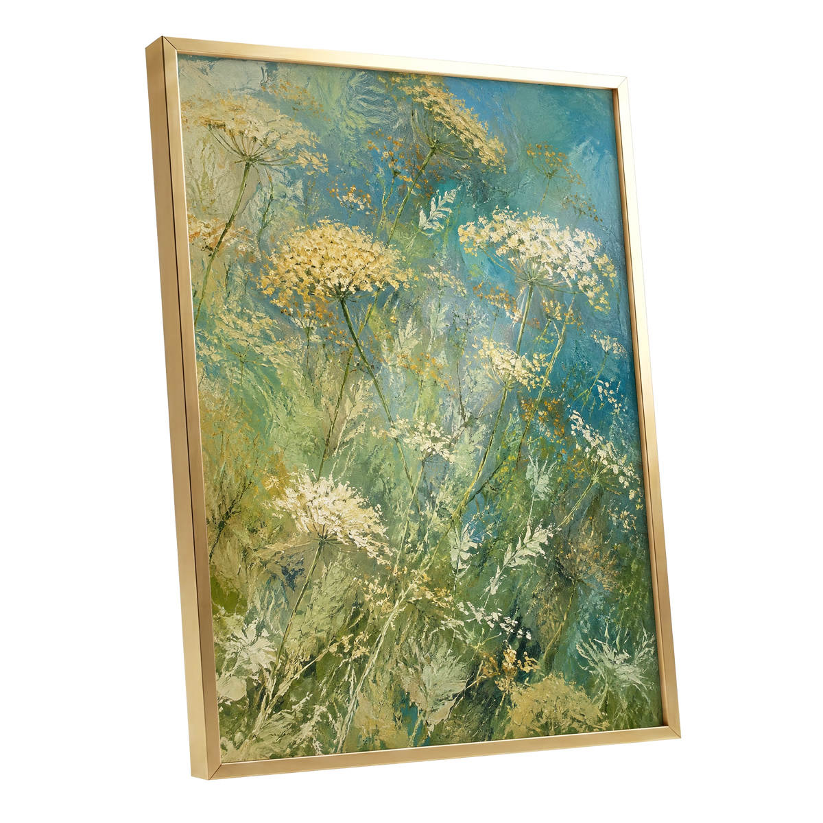 Meadow in Blue, blue, green, beige floral wall art shown as a gold framed poster wall art print