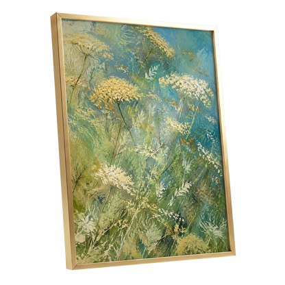 Meadow in Blue, blue, green, beige floral wall art shown as a gold framed poster wall art print