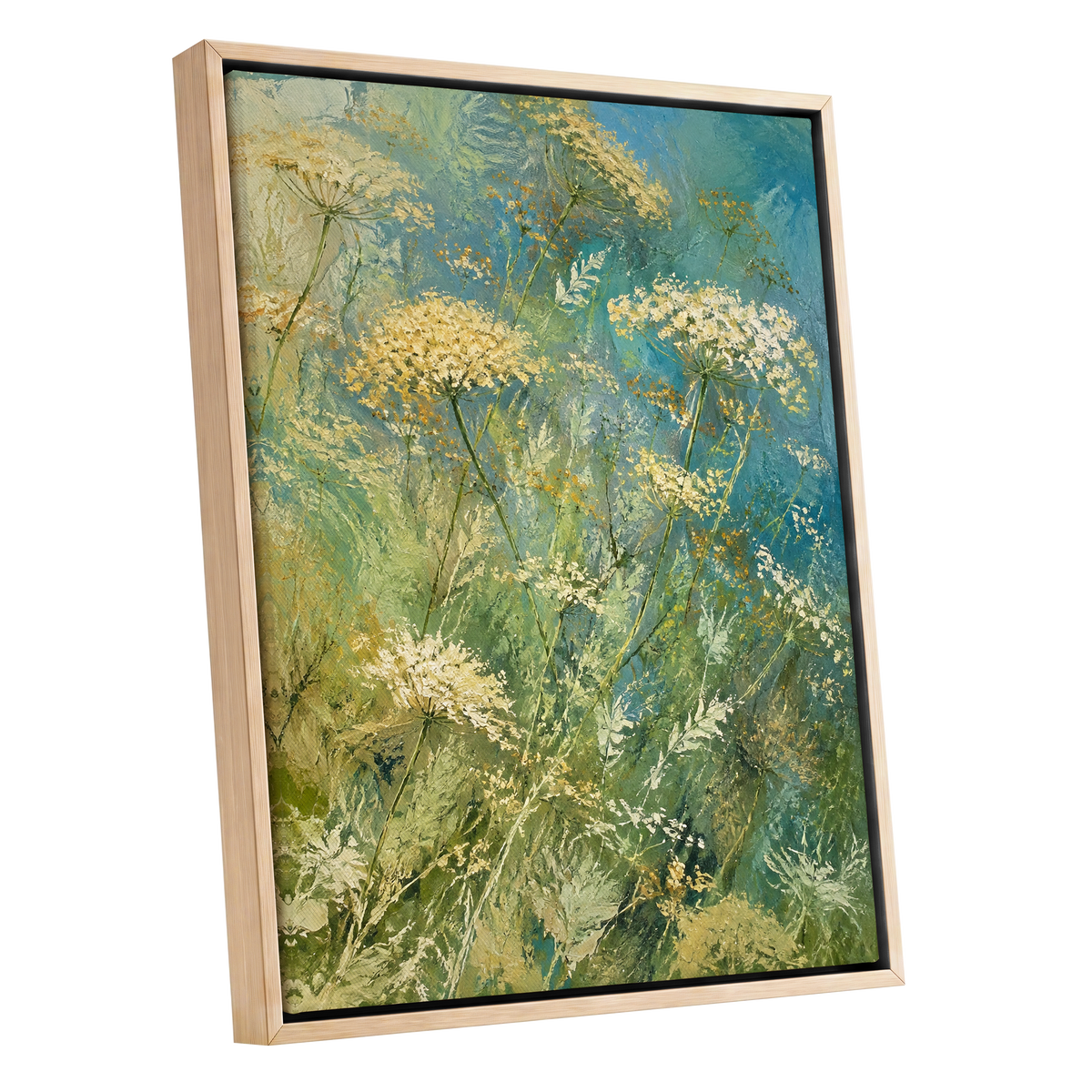 Meadow in Blue, blue, green, beige floral wall art shown as a oak framed canvas wall art
