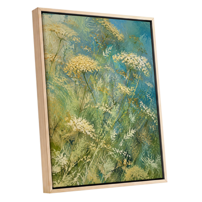 Meadow in Blue, blue, green, beige floral wall art shown as a oak framed canvas wall art