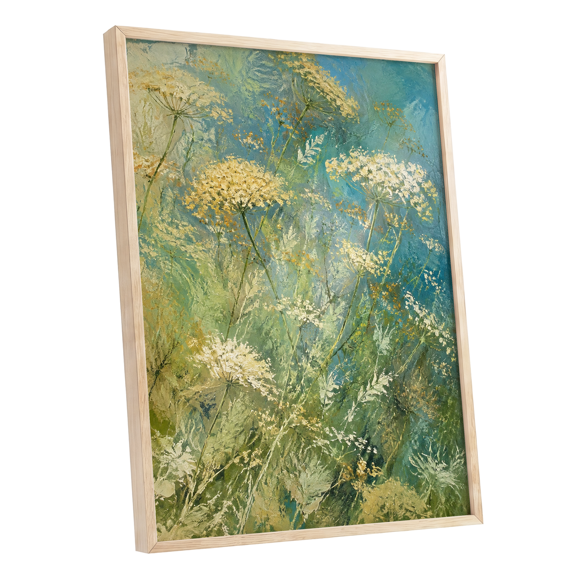Meadow in Blue, blue, green, beige floral wall art shown as a oak framed poster wall art print