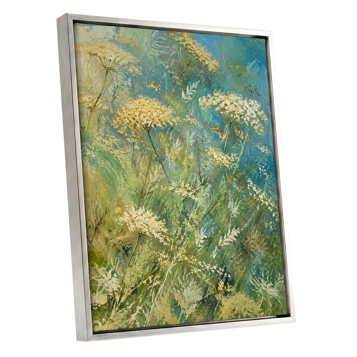 Meadow in Blue, blue, green, beige floral wall art shown as a silver framed canvas wall art