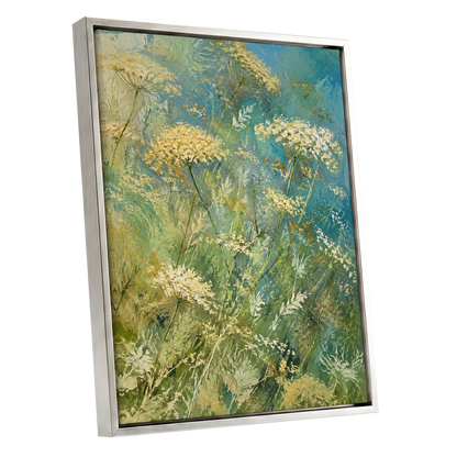 Meadow in Blue, blue, green, beige floral wall art shown as a silver framed canvas wall art