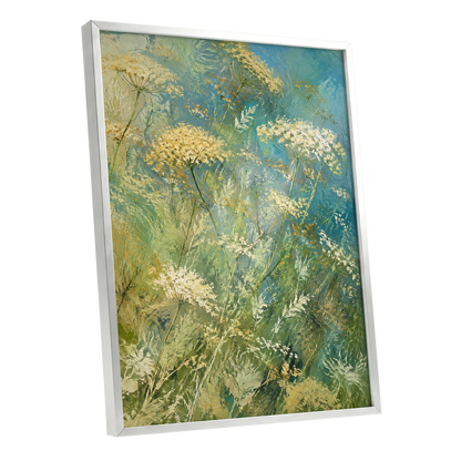 Meadow in Blue, blue, green, beige floral wall art shown as a silver framed poster wall art print