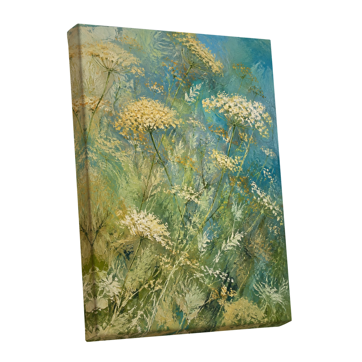 Meadow in Blue, blue, green, beige floral wall art shown as a stretched canvas wall art