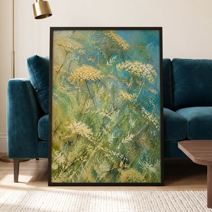 Meadow in Blue, blue, green, beige floral wall art displayed in a styled interior, gallery view 2
