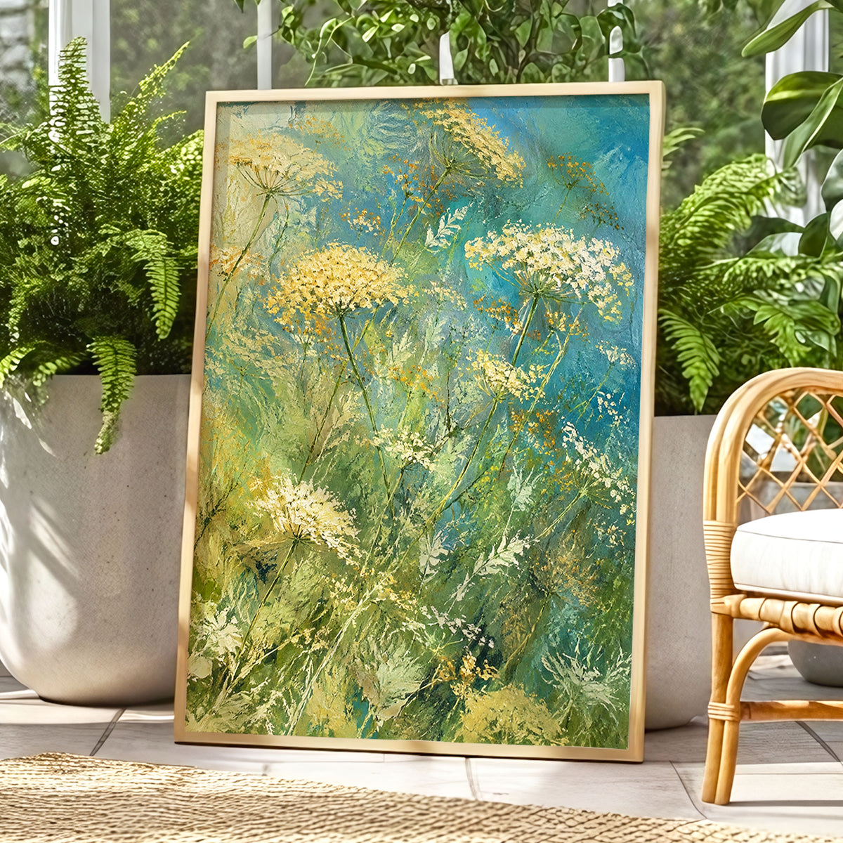 Meadow in Blue, blue, green, beige floral wall art displayed in a styled interior, gallery view 6