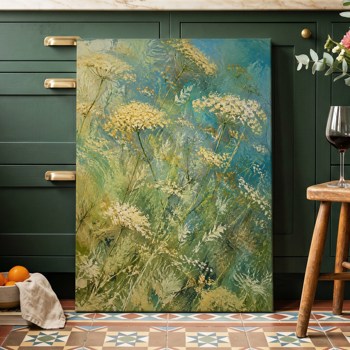 Meadow in Blue, blue, green, beige floral wall art displayed in a styled interior, gallery view 7