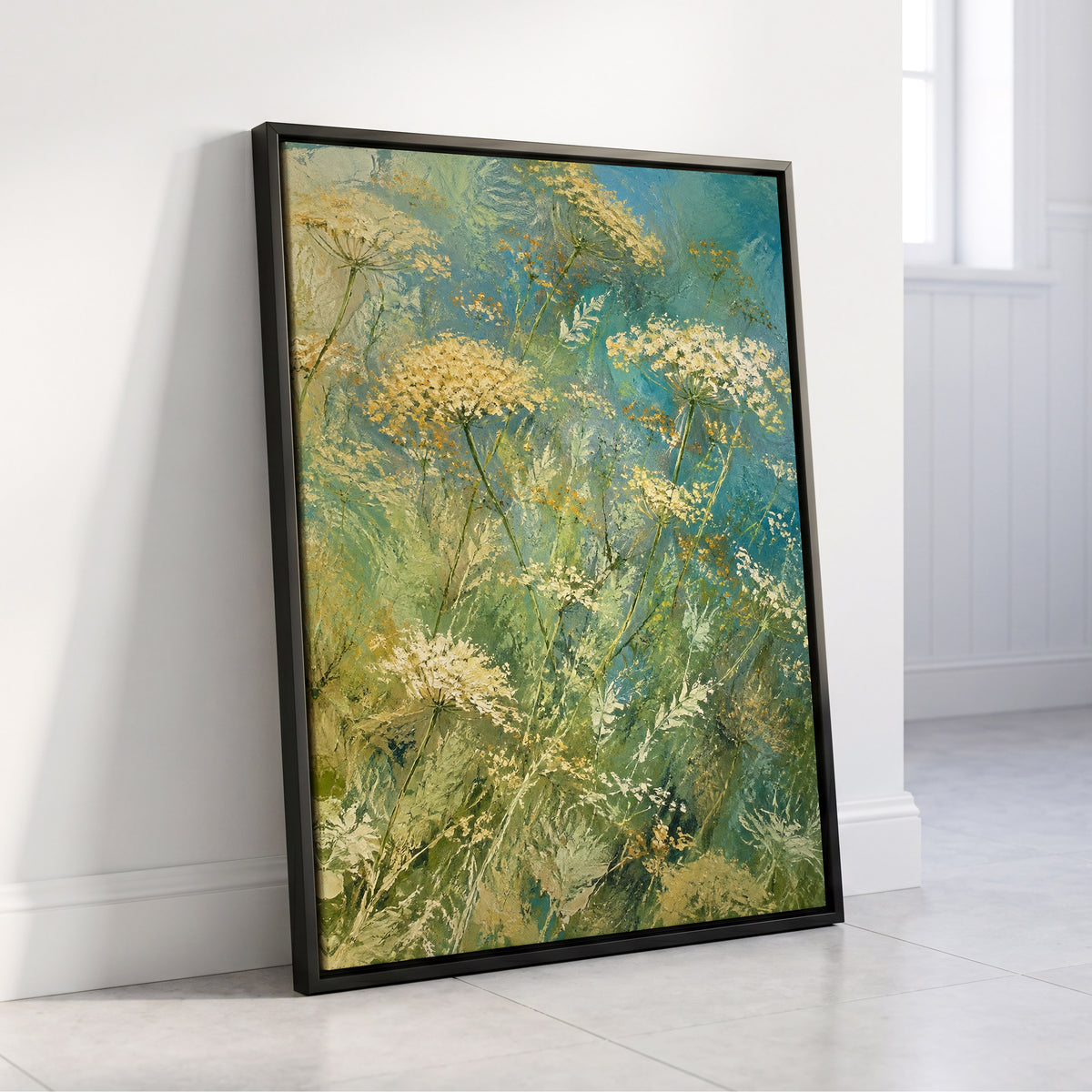 Meadow in Blue, blue, green, beige floral wall art displayed in a styled interior, gallery view 8