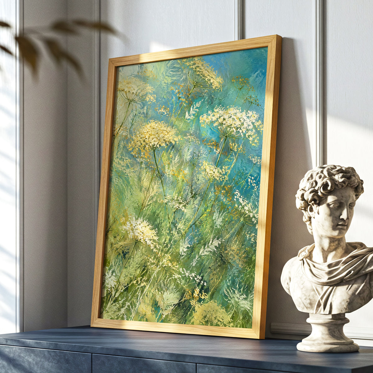 Meadow in Blue, blue, green, beige floral wall art displayed in a styled interior, gallery view 9