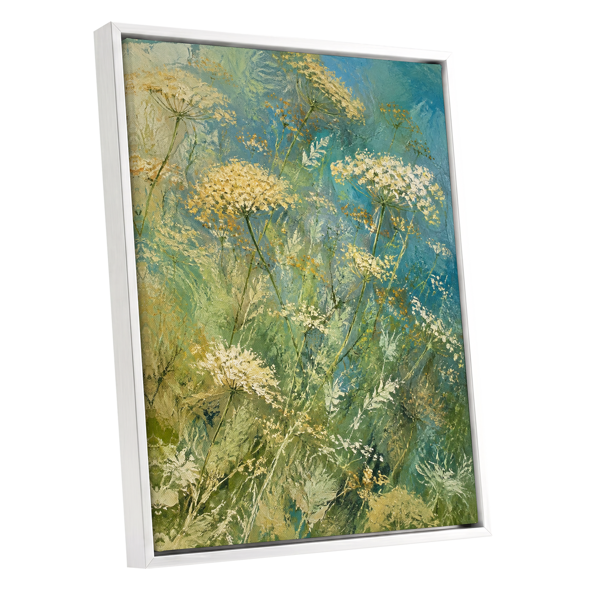 Meadow in Blue, blue, green, beige floral wall art shown as a white framed canvas wall art
