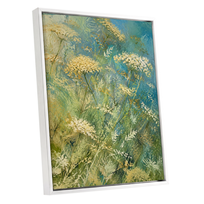 Meadow in Blue, blue, green, beige floral wall art shown as a white framed canvas wall art