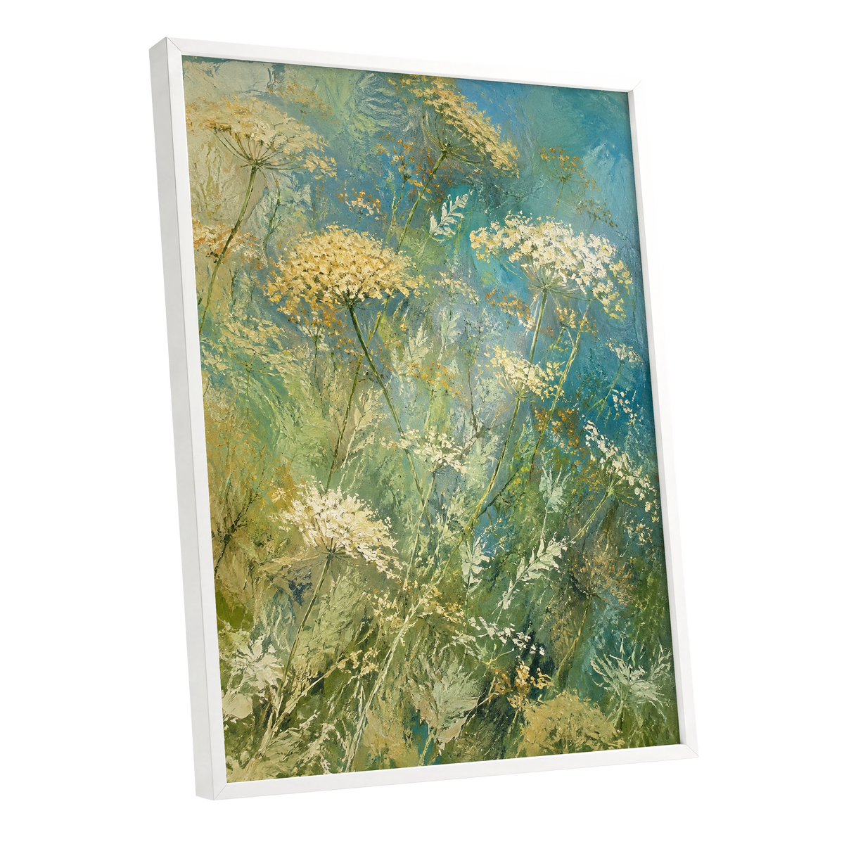 Meadow in Blue, blue, green, beige floral wall art shown as a white framed poster wall art print