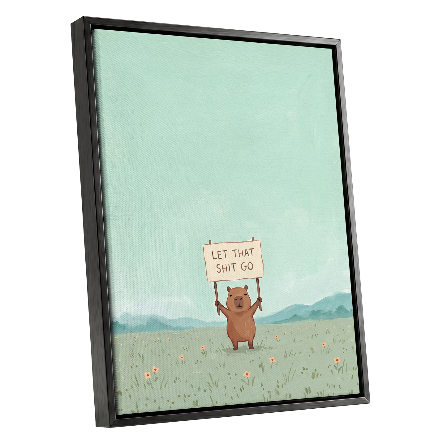 Meadow Manifesto, green, blue, brown minimalist wall art shown as a black framed canvas wall art