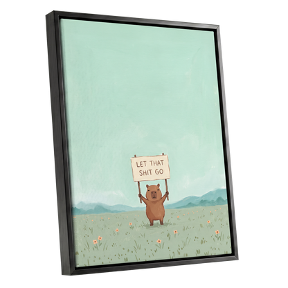 Meadow Manifesto, green, blue, brown minimalist wall art shown as a black framed canvas wall art