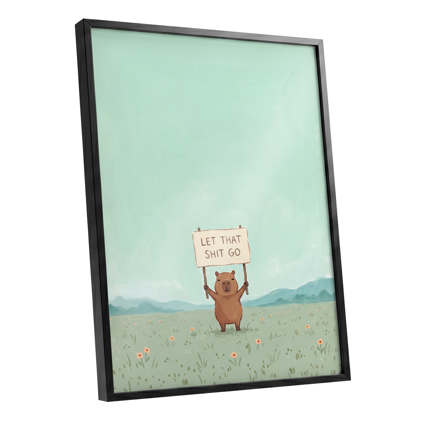Meadow Manifesto, green, blue, brown minimalist wall art shown as a black framed poster wall art print