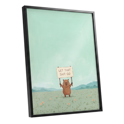 Meadow Manifesto, green, blue, brown minimalist wall art shown as a black framed poster wall art print