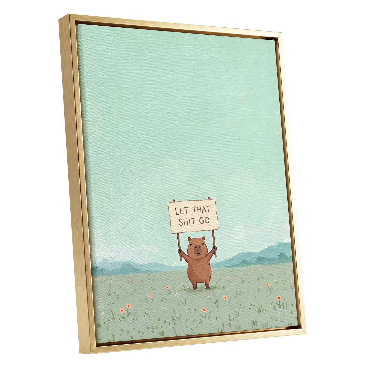 Meadow Manifesto, green, blue, brown minimalist wall art shown as a gold framed canvas wall art
