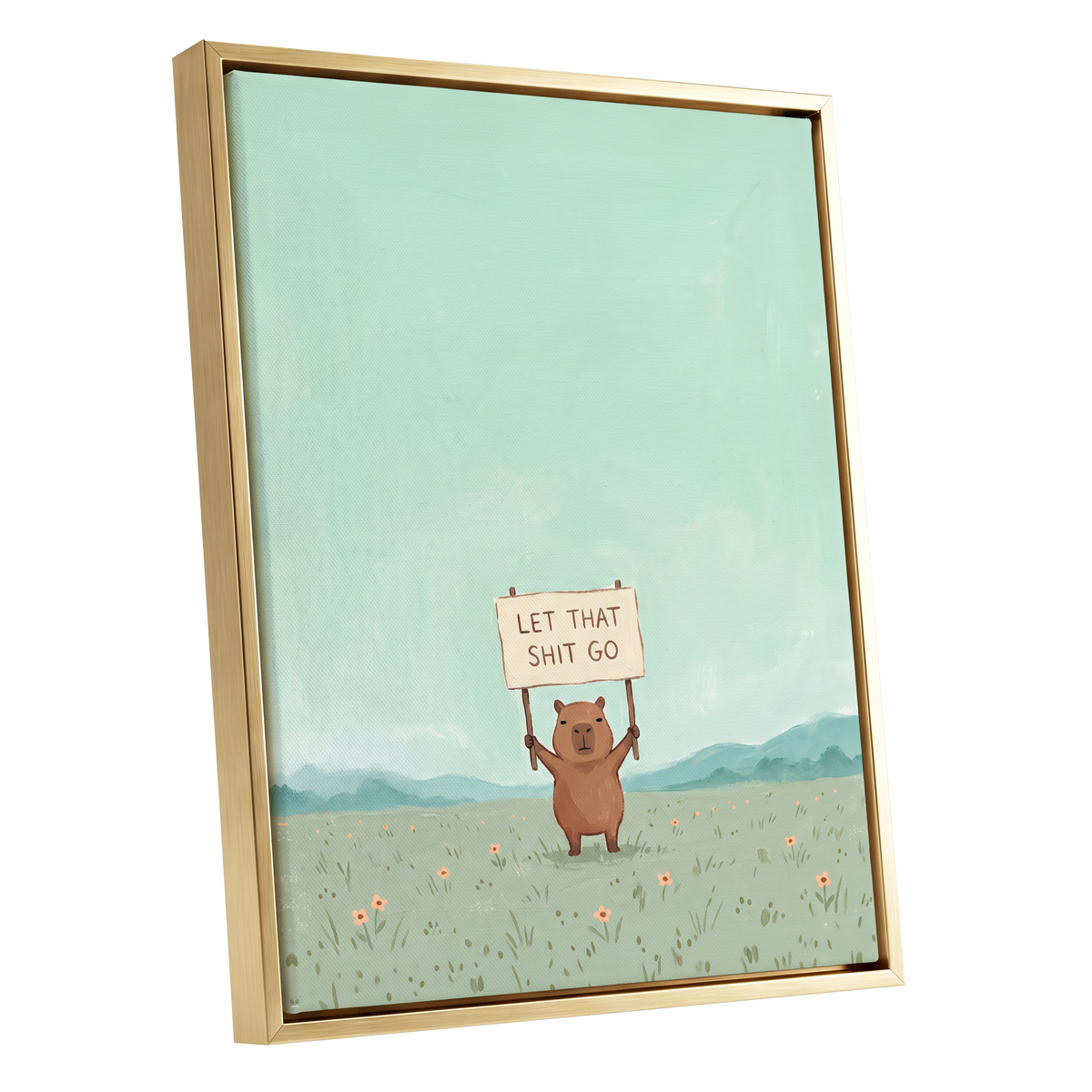 Meadow Manifesto, green, blue, brown minimalist wall art shown as a gold framed canvas wall art