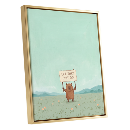 Meadow Manifesto, green, blue, brown minimalist wall art shown as a gold framed canvas wall art