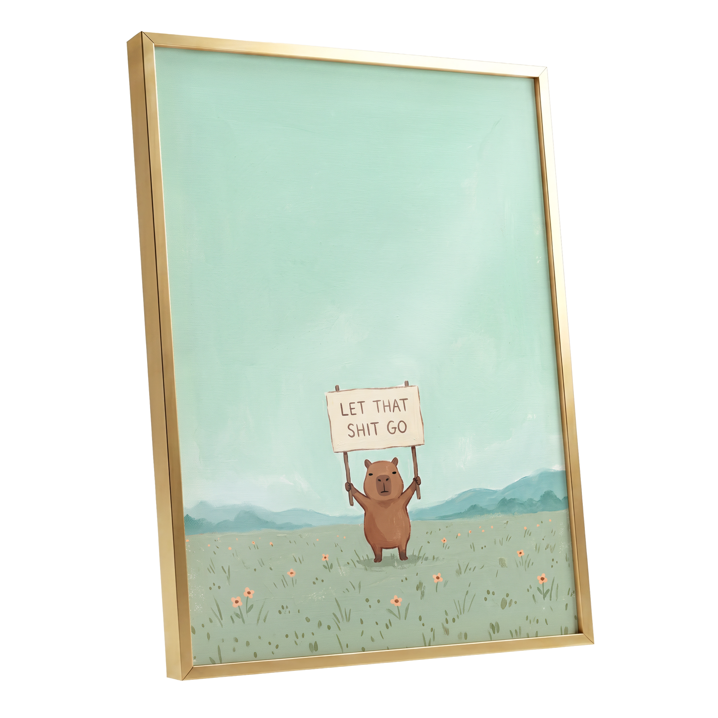 Meadow Manifesto, green, blue, brown minimalist wall art shown as a gold framed poster wall art print