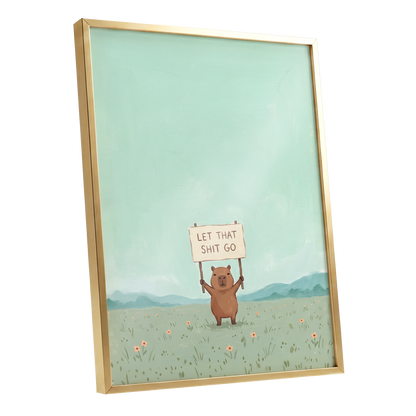 Meadow Manifesto, green, blue, brown minimalist wall art shown as a gold framed poster wall art print