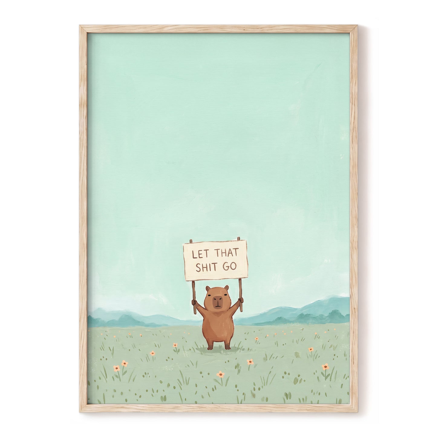 Meadow Manifesto, green, blue, brown minimalist wall art, front artwork view