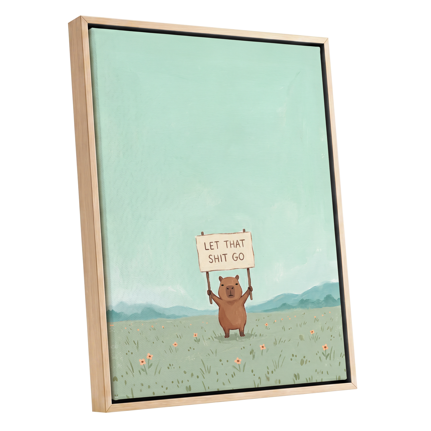 Meadow Manifesto, green, blue, brown minimalist wall art shown as a oak framed canvas wall art
