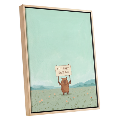 Meadow Manifesto, green, blue, brown minimalist wall art shown as a oak framed canvas wall art