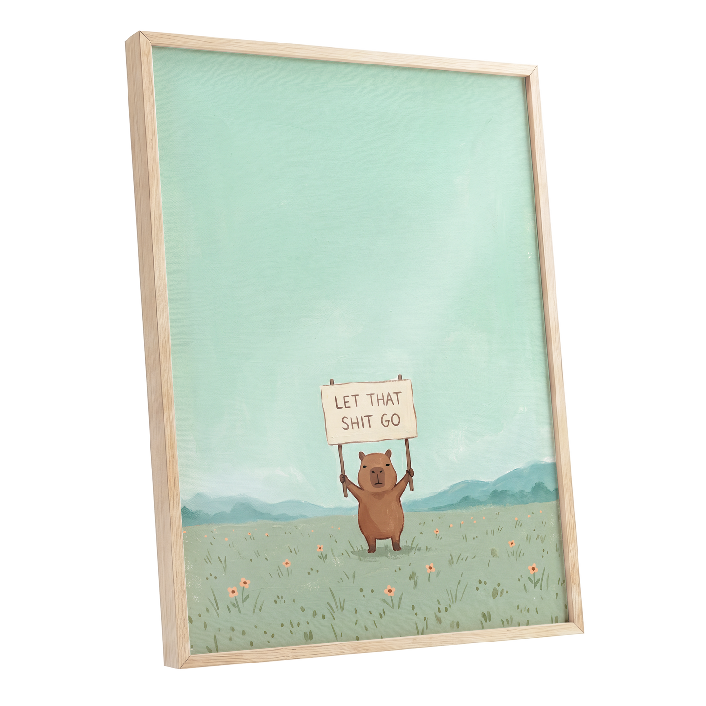 Meadow Manifesto, green, blue, brown minimalist wall art shown as a oak framed poster wall art print