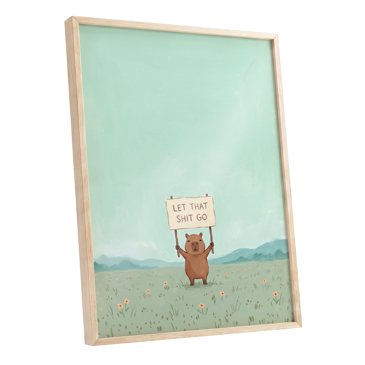 Meadow Manifesto, green, blue, brown minimalist wall art shown as a oak framed poster wall art print