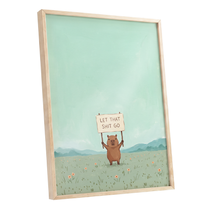 Meadow Manifesto, green, blue, brown minimalist wall art shown as a oak framed poster wall art print