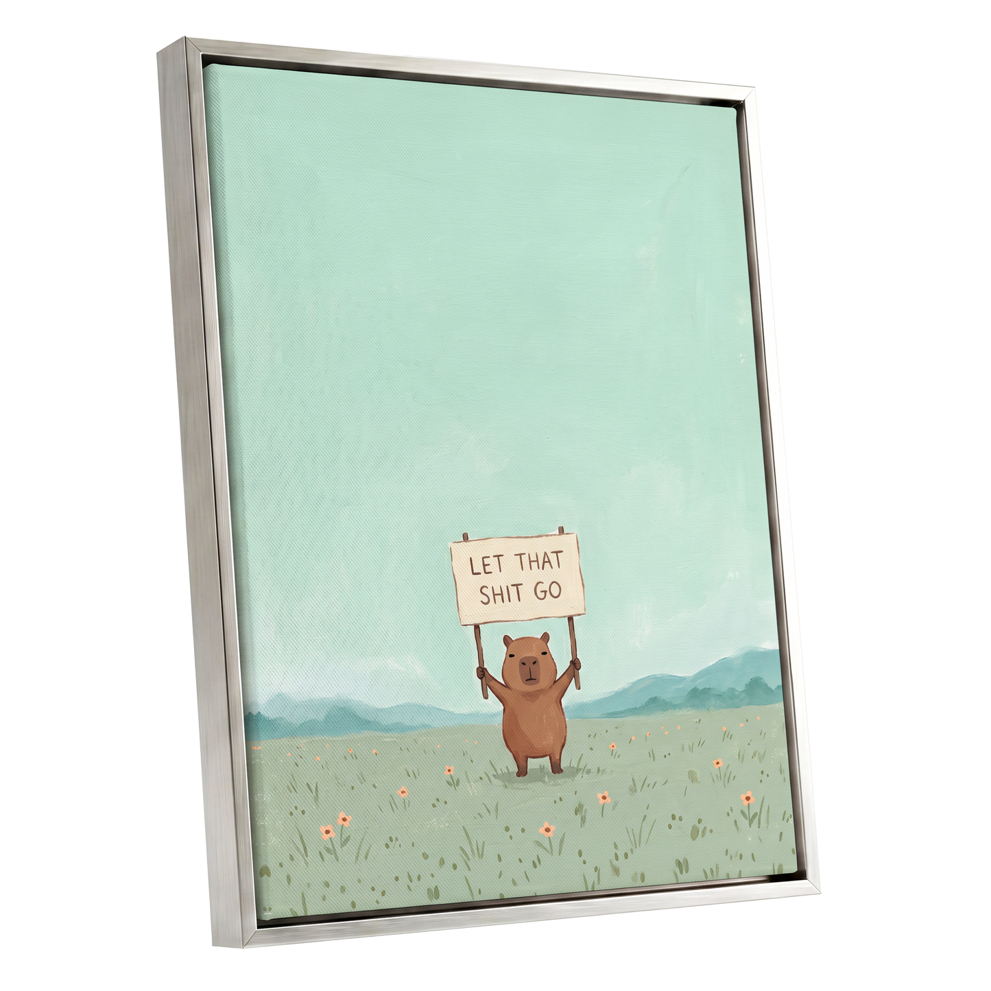 Meadow Manifesto, green, blue, brown minimalist wall art shown as a silver framed canvas wall art