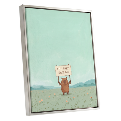 Meadow Manifesto, green, blue, brown minimalist wall art shown as a silver framed canvas wall art