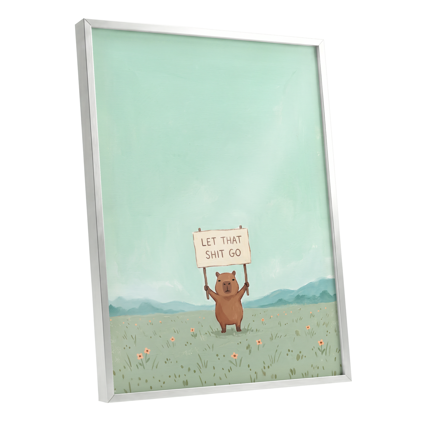 Meadow Manifesto, green, blue, brown minimalist wall art shown as a silver framed poster wall art print
