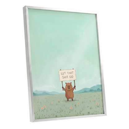 Meadow Manifesto, green, blue, brown minimalist wall art shown as a silver framed poster wall art print
