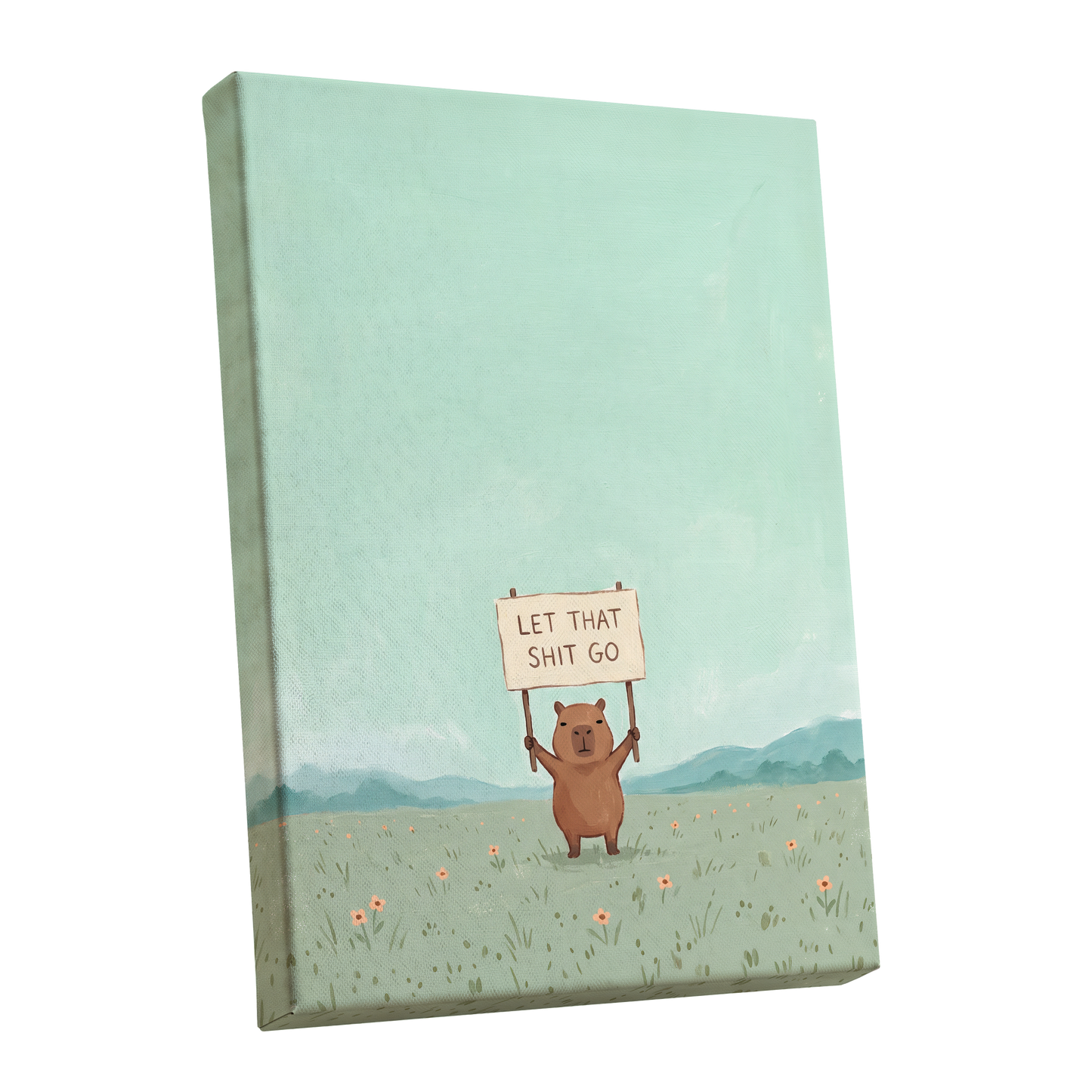 Meadow Manifesto, green, blue, brown minimalist wall art shown as a stretched canvas wall art
