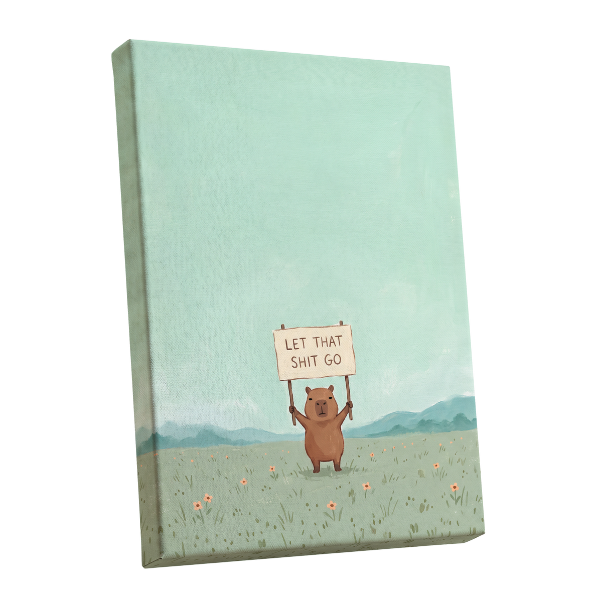Meadow Manifesto, green, blue, brown minimalist wall art shown as a stretched canvas wall art