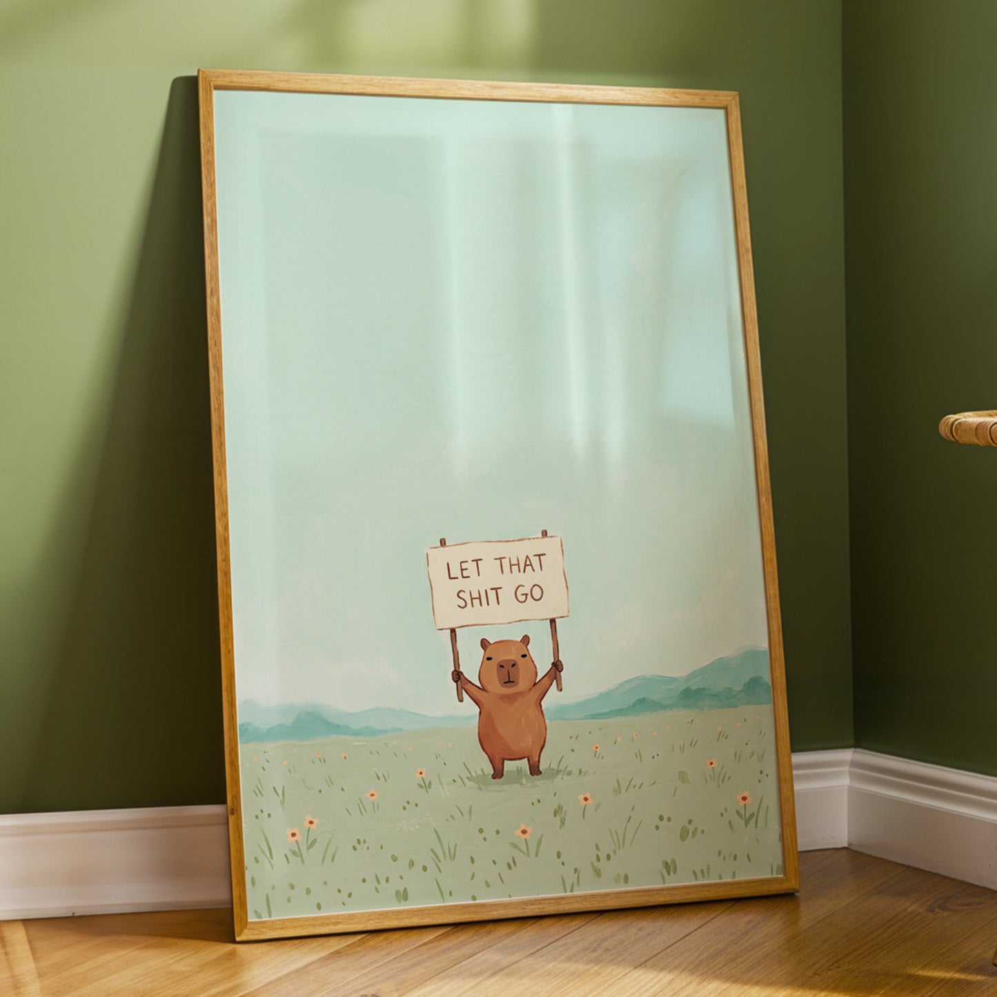 Meadow Manifesto, green, blue, brown minimalist wall art displayed in a styled interior, gallery view 2