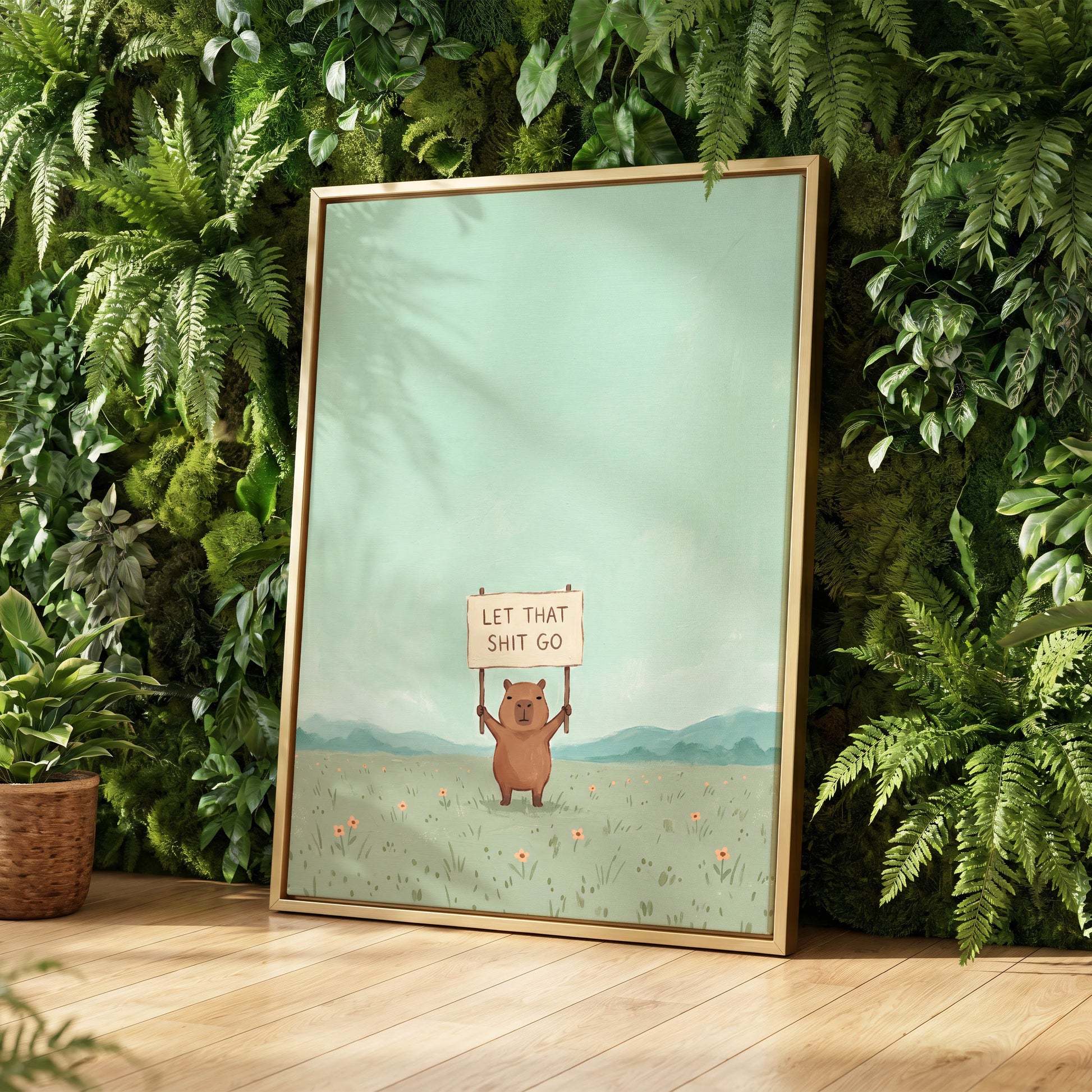 Meadow Manifesto, green, blue, brown minimalist wall art displayed in a styled interior, gallery view 4