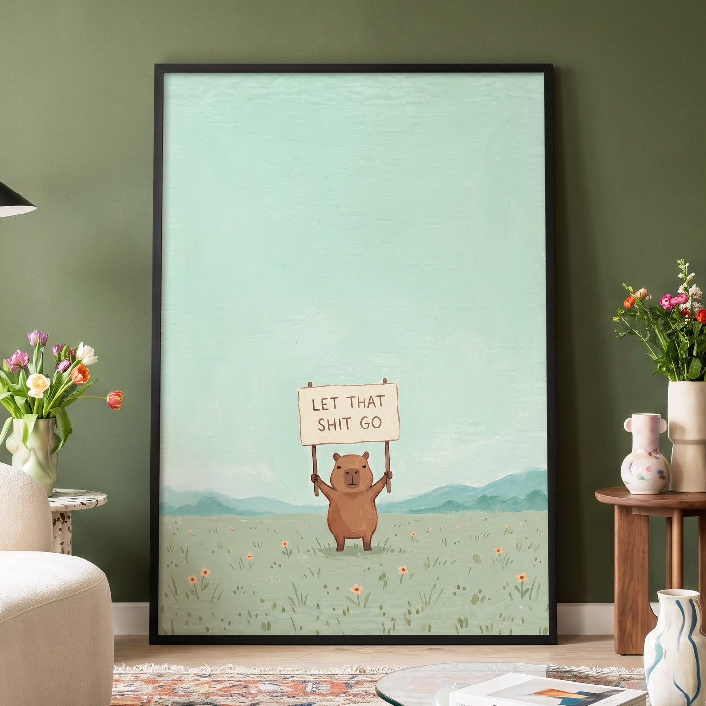 Meadow Manifesto, green, blue, brown minimalist wall art displayed in a styled interior, gallery view 6