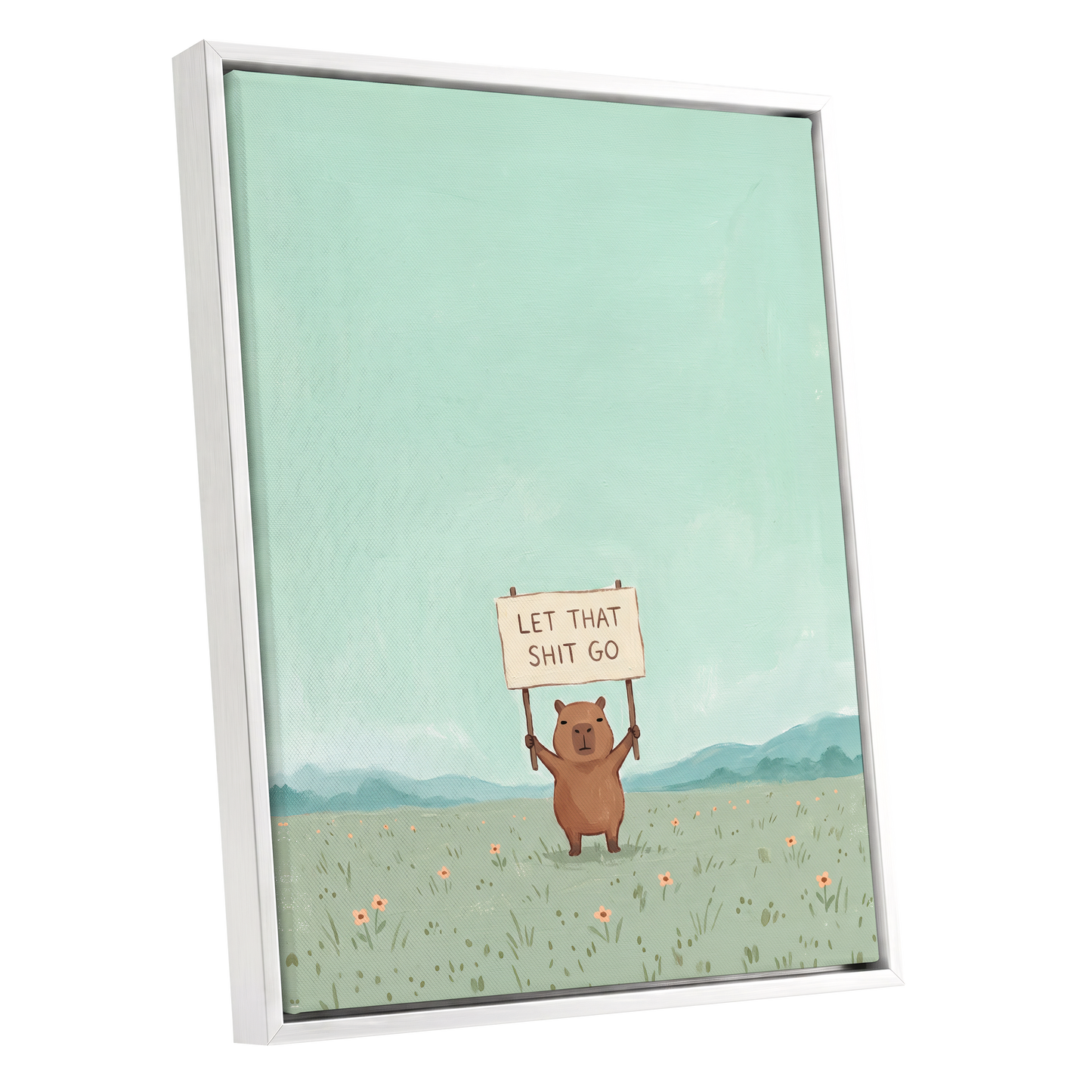 Meadow Manifesto, green, blue, brown minimalist wall art shown as a white framed canvas wall art