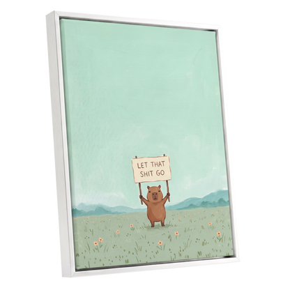 Meadow Manifesto, green, blue, brown minimalist wall art shown as a white framed canvas wall art