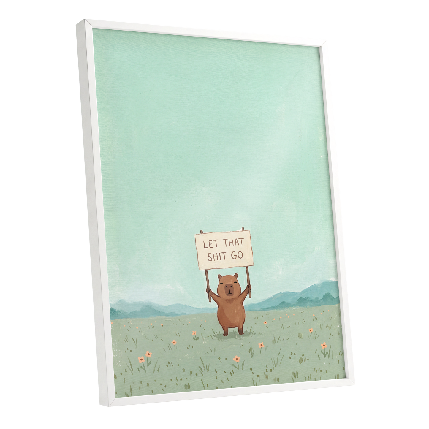 Meadow Manifesto, green, blue, brown minimalist wall art shown as a white framed poster wall art print
