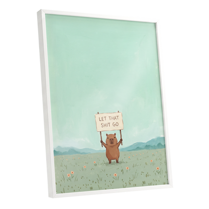 Meadow Manifesto, green, blue, brown minimalist wall art shown as a white framed poster wall art print