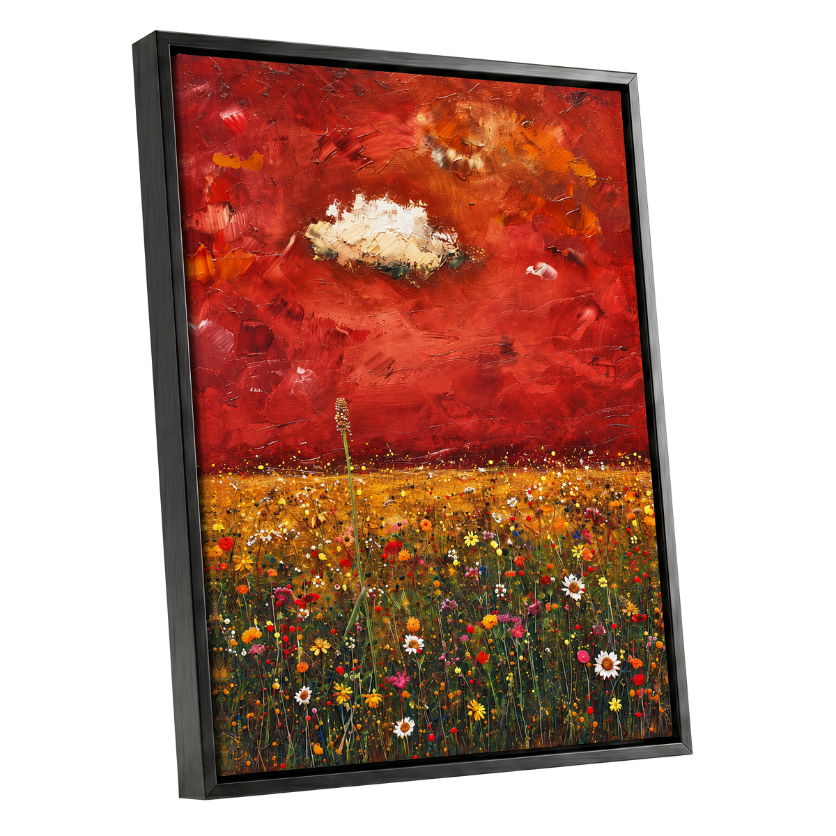 Meadow Under Ember Skies, red, orange, yellow floral wall art shown as a black framed canvas wall art