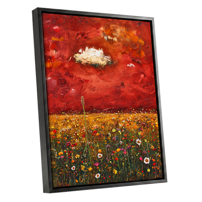 Meadow Under Ember Skies, red, orange, yellow floral wall art shown as a black framed canvas wall art