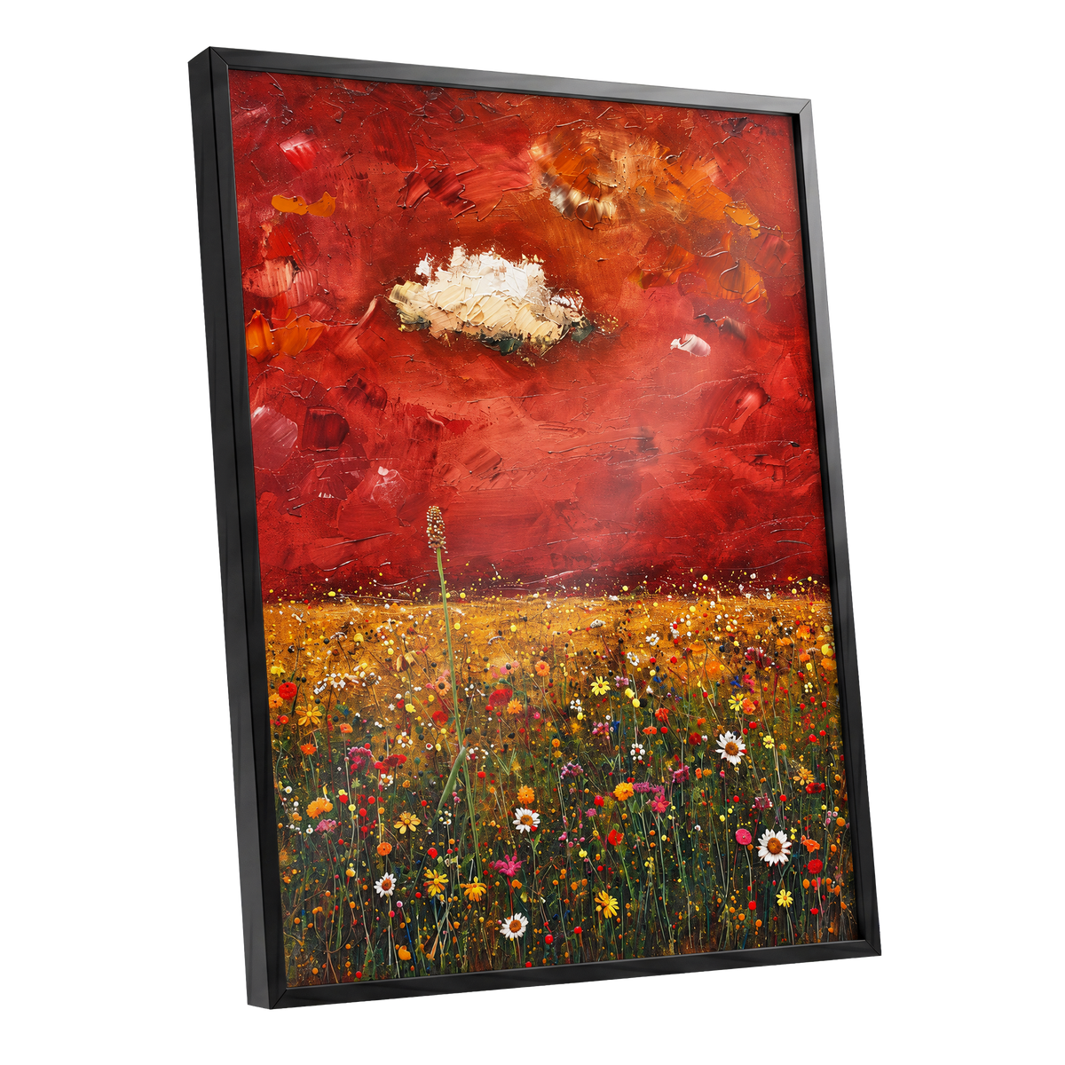 Meadow Under Ember Skies, red, orange, yellow floral wall art shown as a black framed poster wall art print